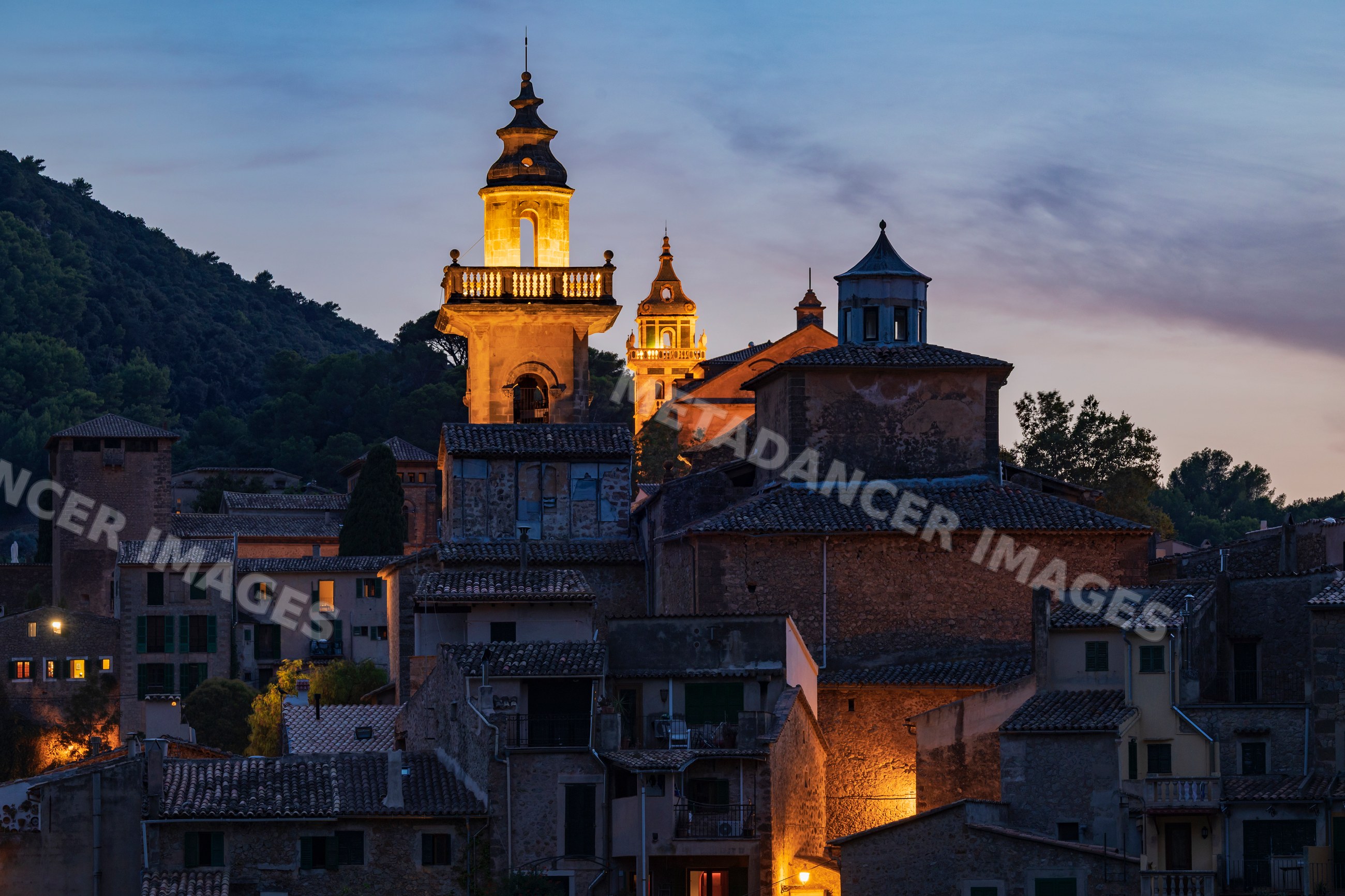 Valdemossa skyline with illuminated church towers