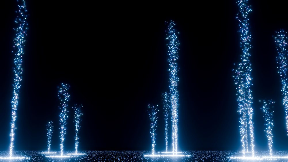 Glowing blue digital particles forming vertical light columns