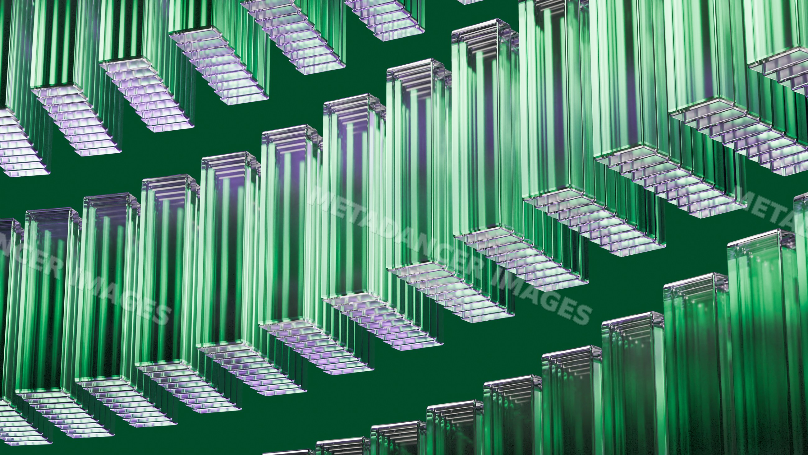 Abstract green glass columns arranged in repeating pattern