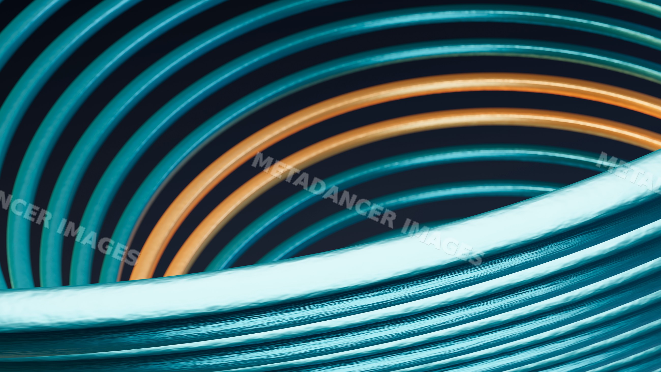 Coiled blue and orange rubber hoses in spiral pattern