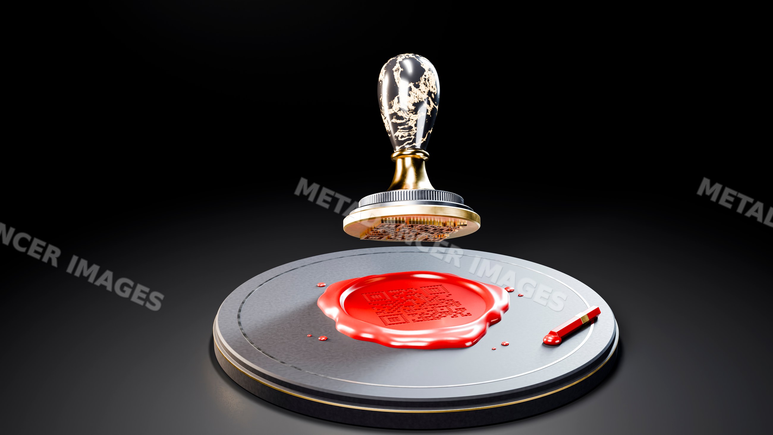 Wax seal press with detailed engraved stamp and red wax impression