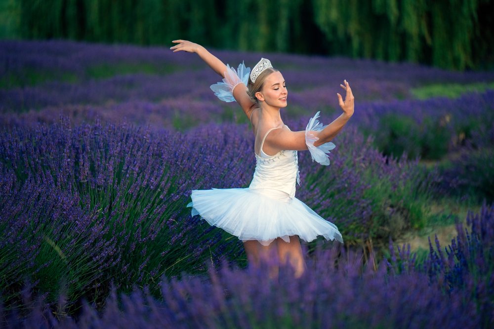A ballerina dances gracefully in a lavender field in WA, USA
