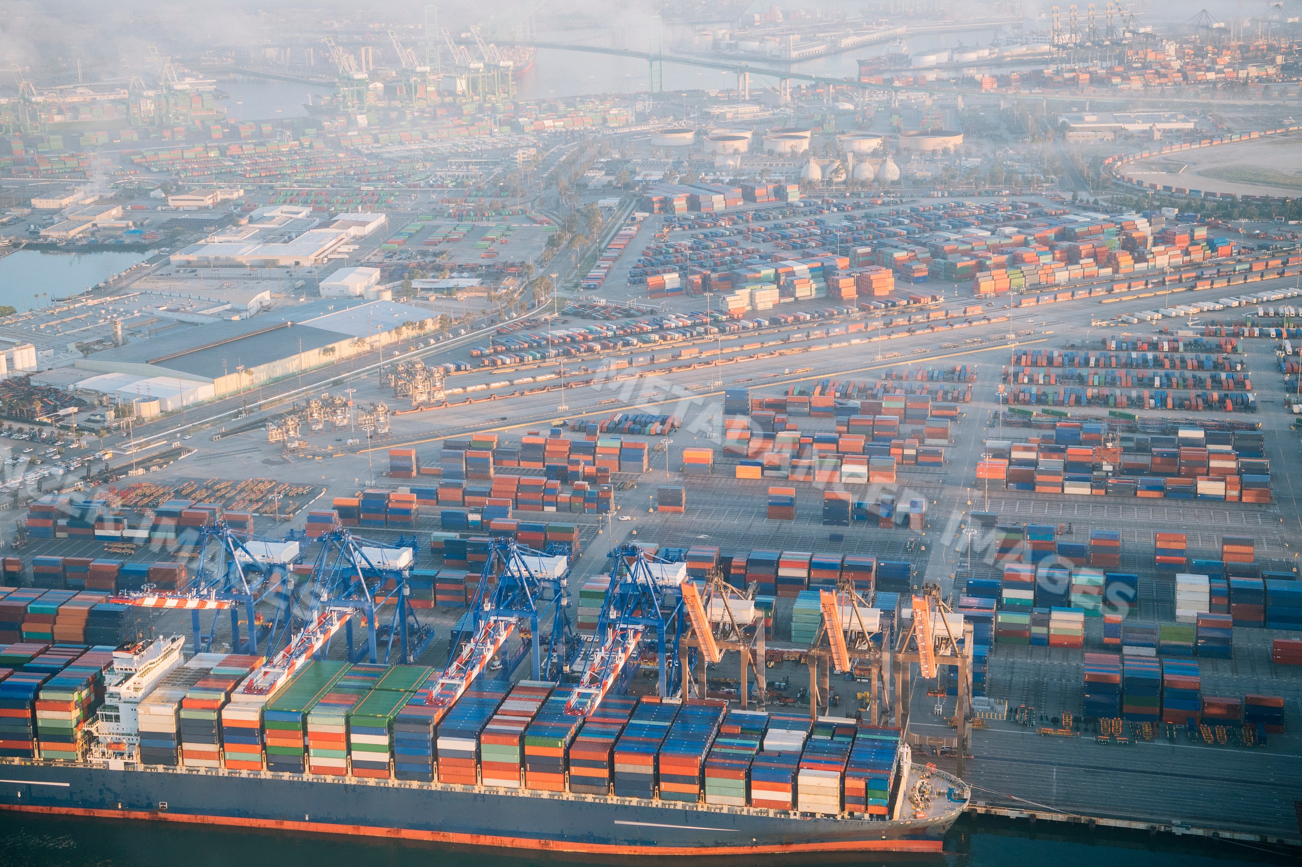 Container ship loaded with cargo containers at the port in long beach