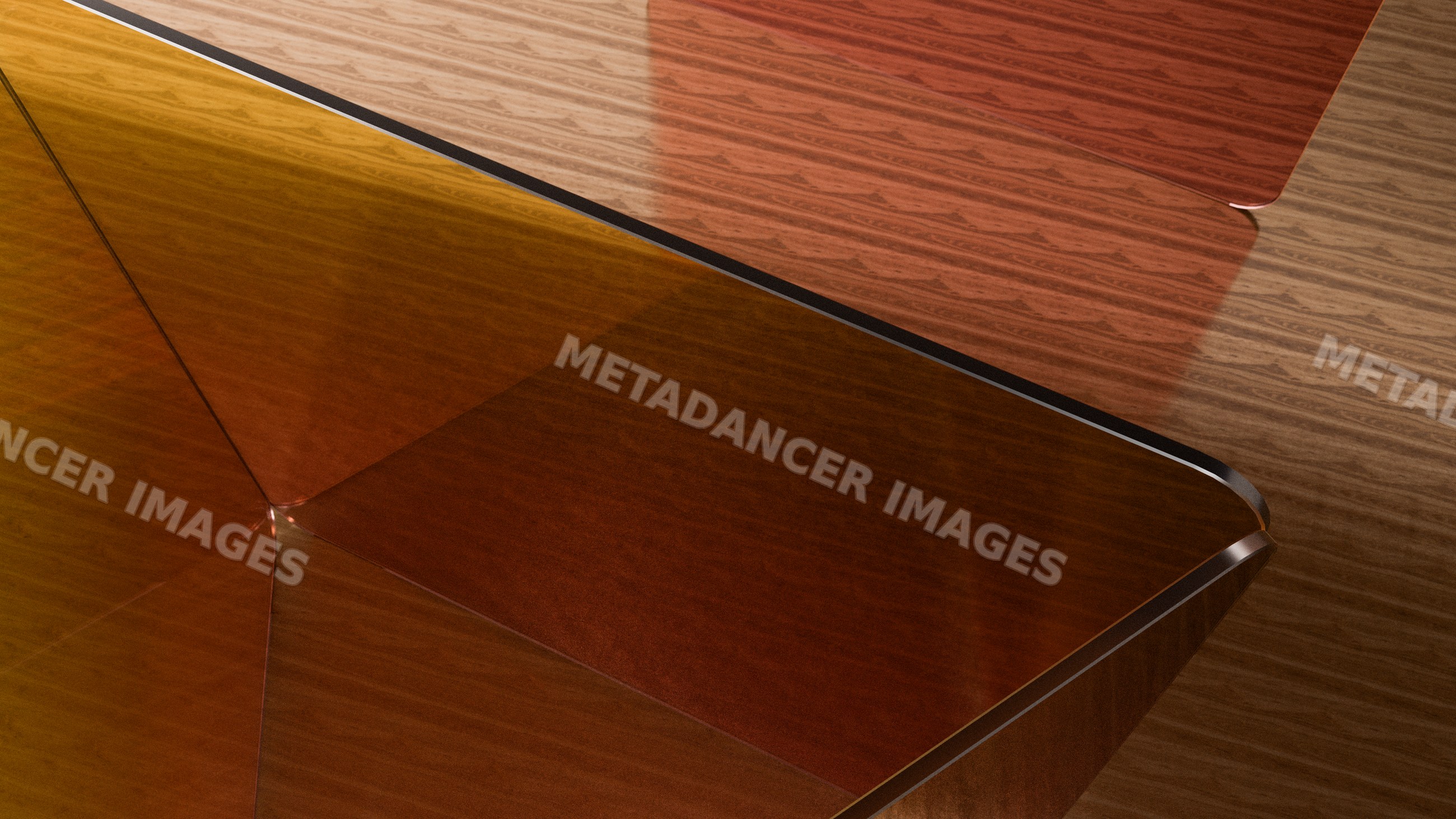 Transparent colored panels overlapping on a wood grain surface