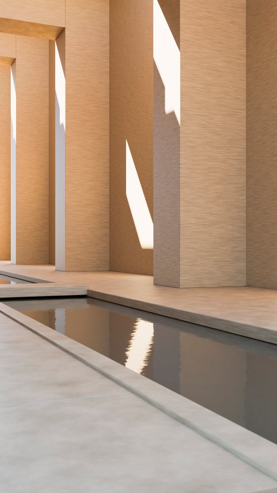 Modern architectural interior with columns and reflecting pool
