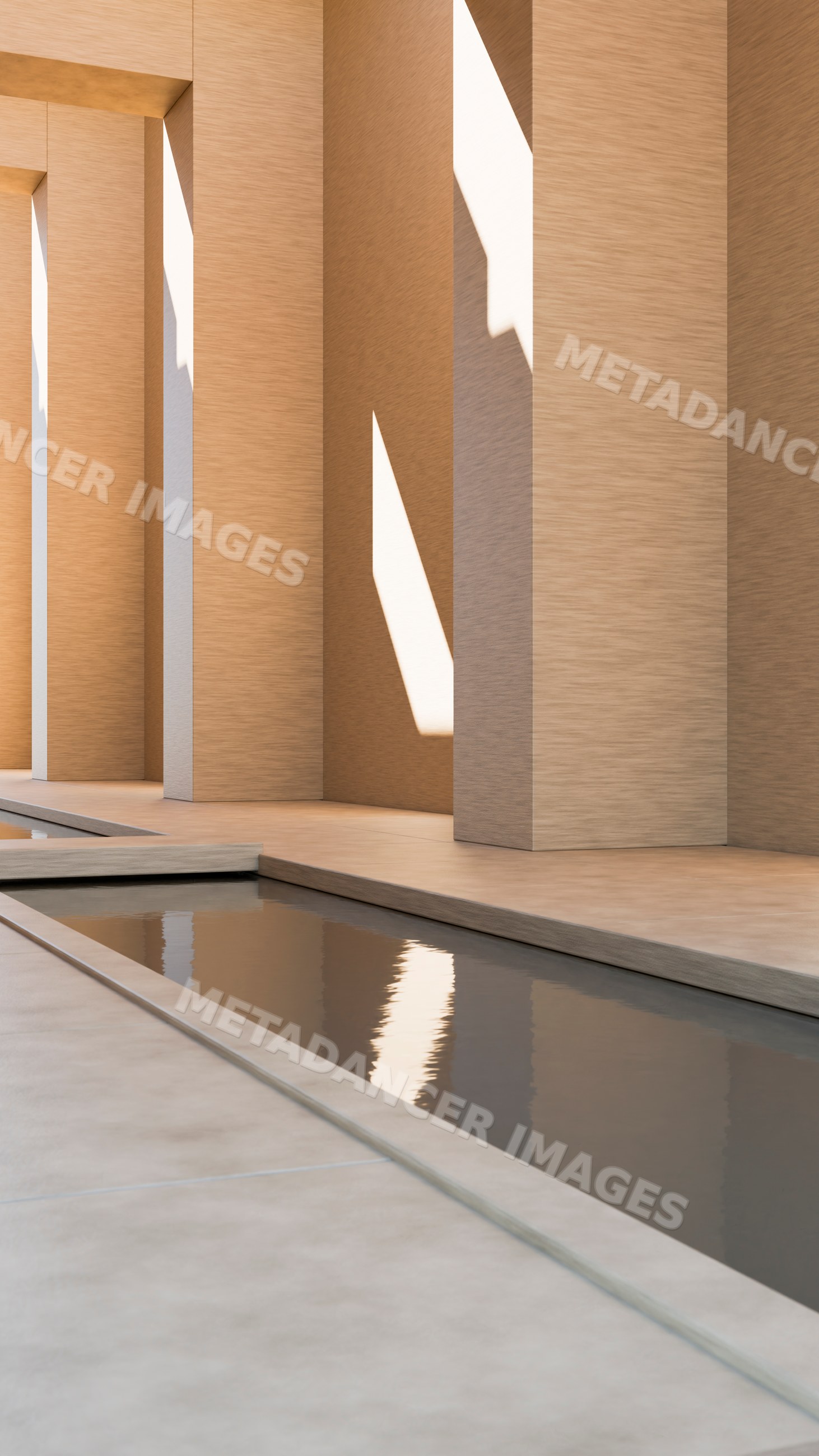 Modern architectural interior with columns and reflecting pool