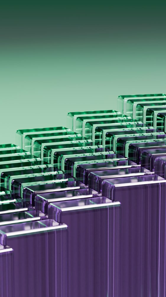 Stacked green and purple translucent glass blocks with geometric