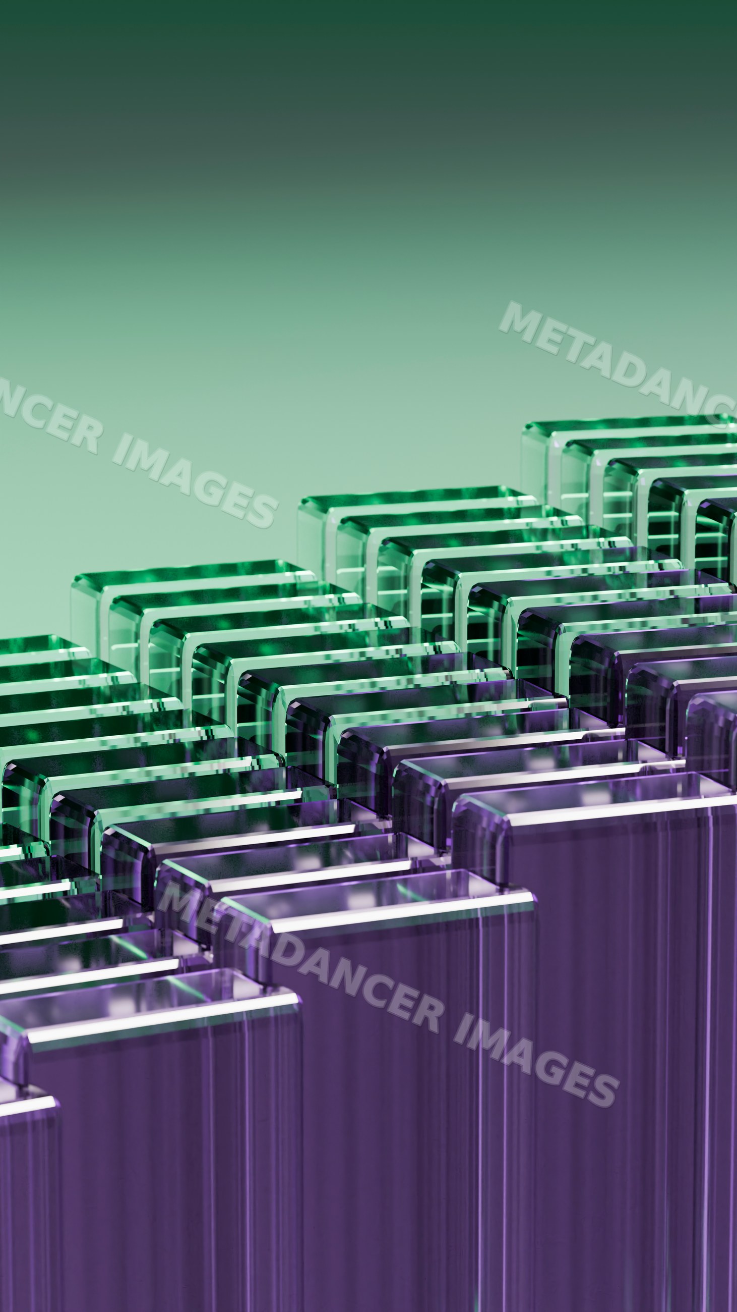 Stacked green and purple translucent glass blocks with geometric