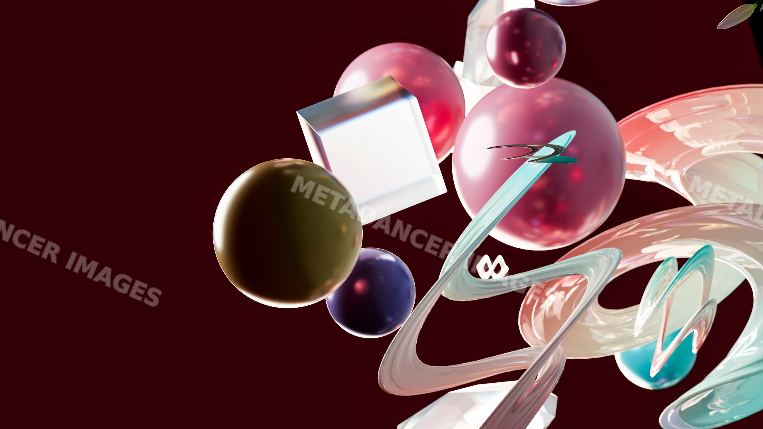Cluster of floating abstract 3d spheres and cubes