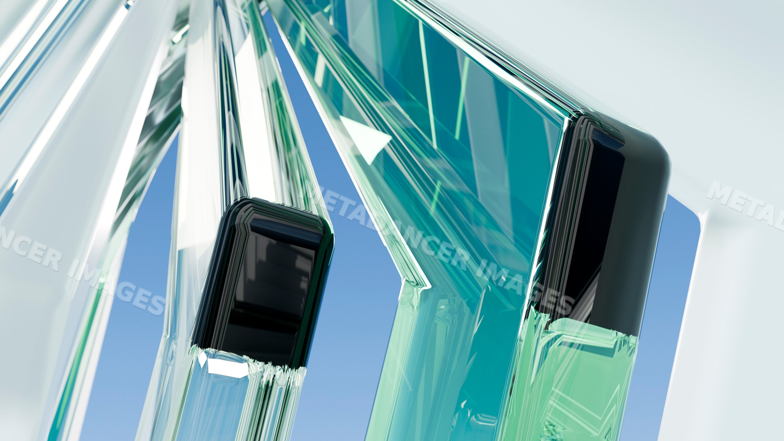 Abstract glass sculpture with green and transparent geometric design