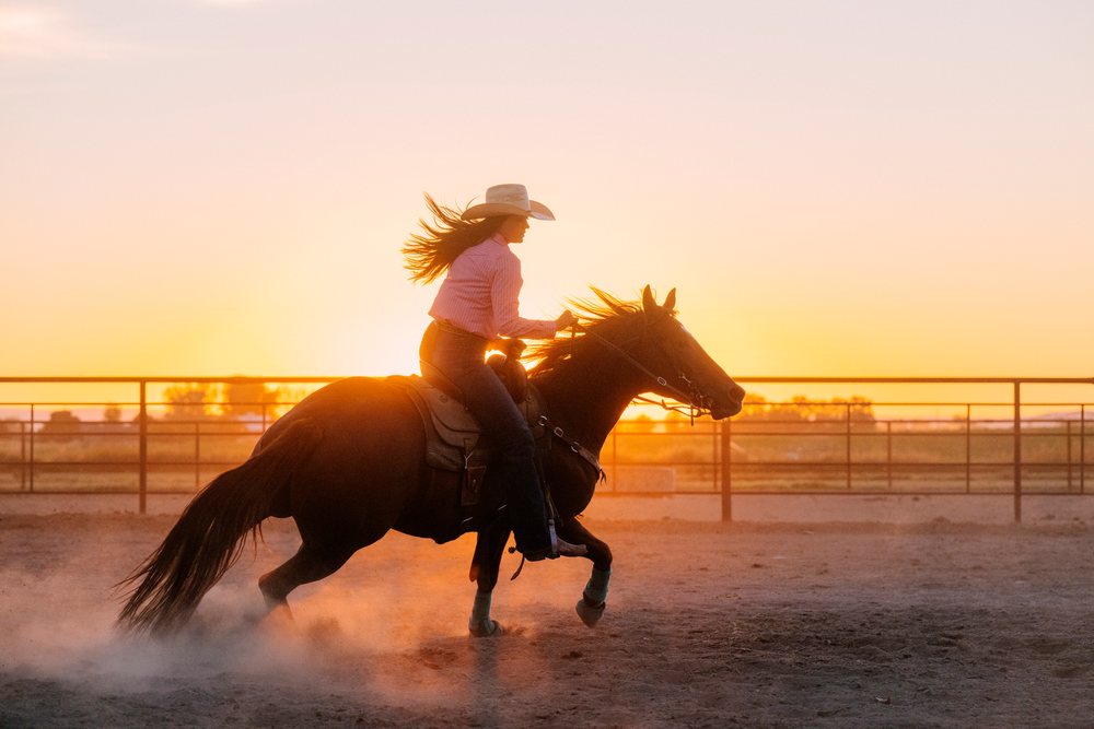 Cowgirl riding horse in dusty arena at sunset in Southwest USA