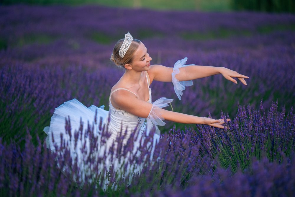 A ballerina in a lavender field gracefully poses among vibrant flowers