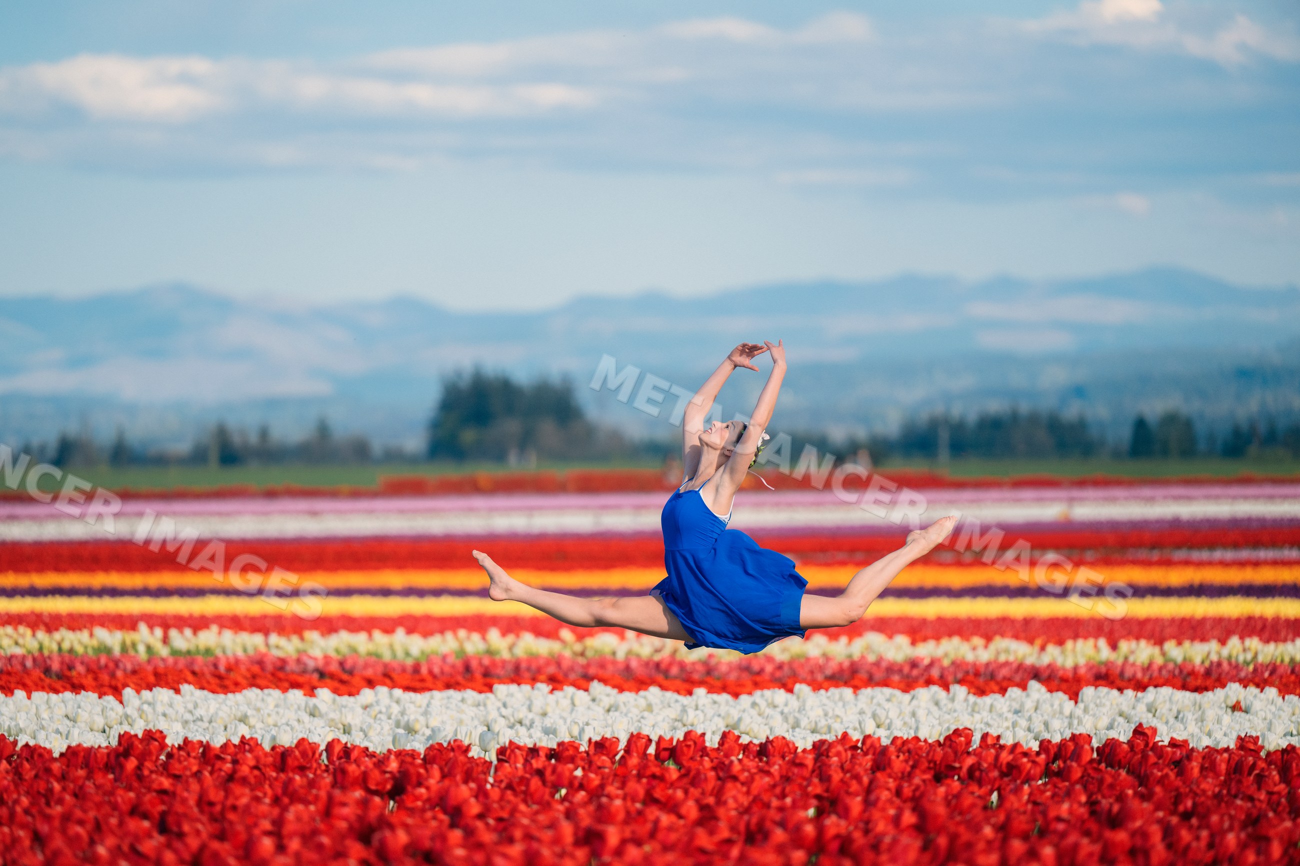 Ballet white dancer leaping over colorful tulip field outdoors