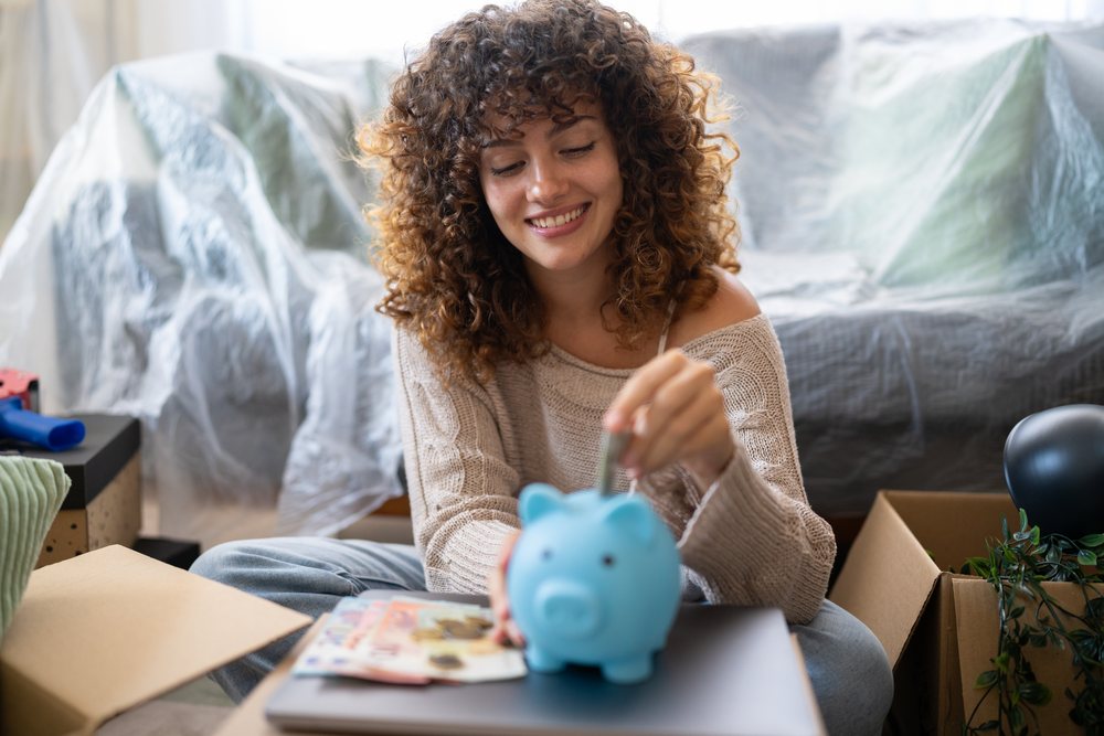 White woman saving money by inserting coin into piggy bank at home