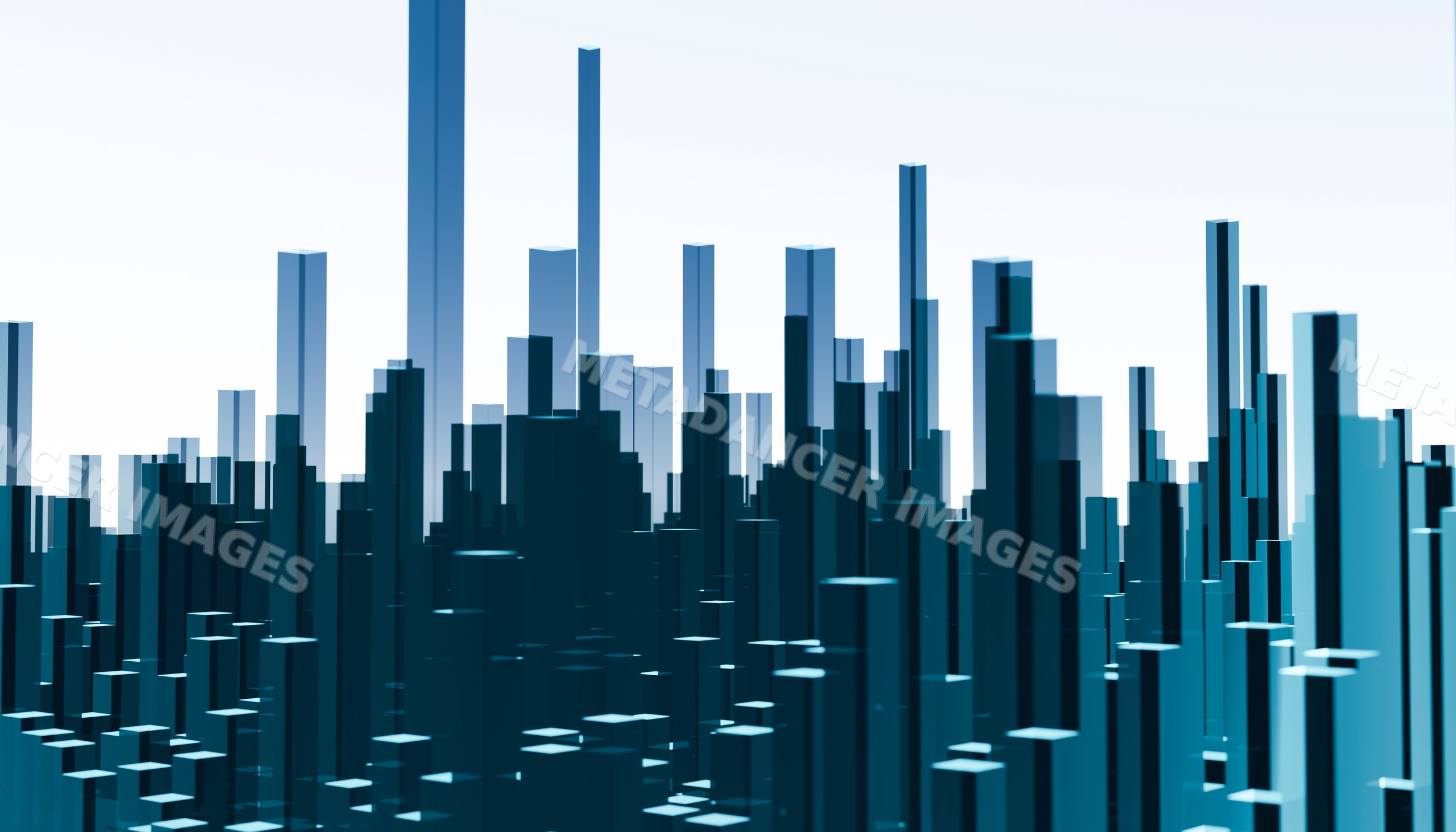 Abstract cityscape with tall glass towers in blue minimalist design