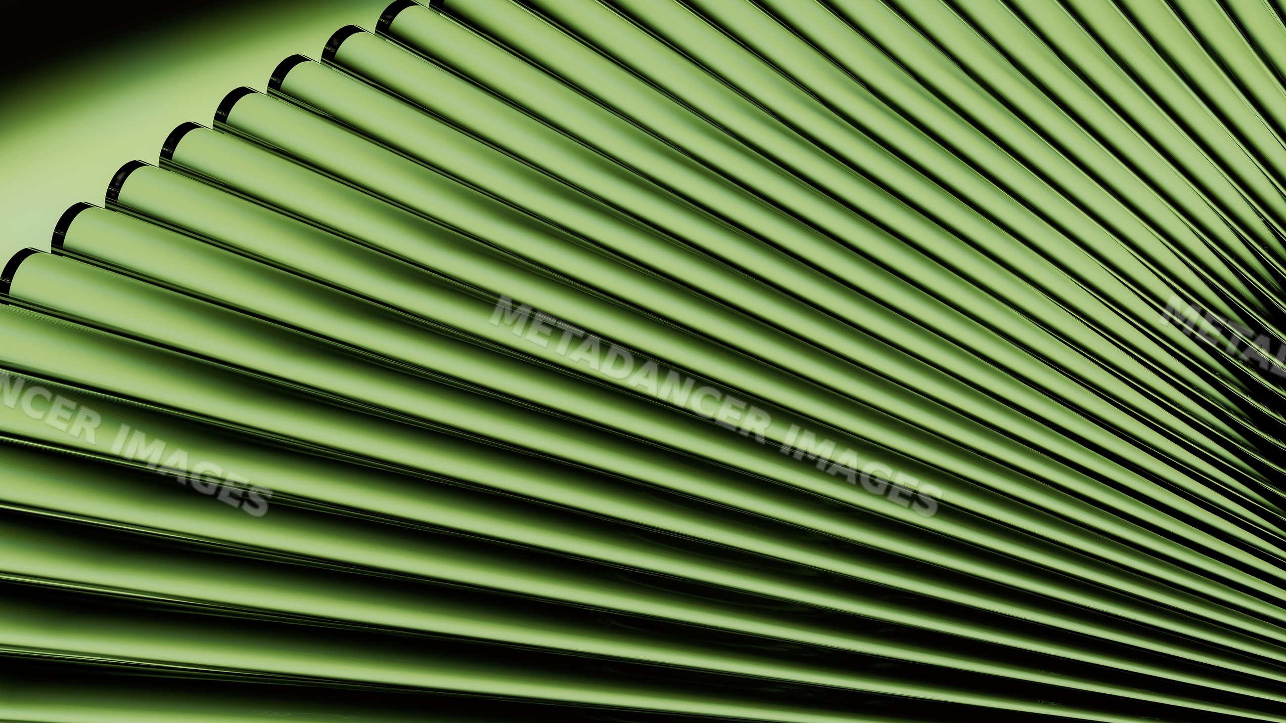 Abstract render of green curved metallic tubes in a repetitive pattern