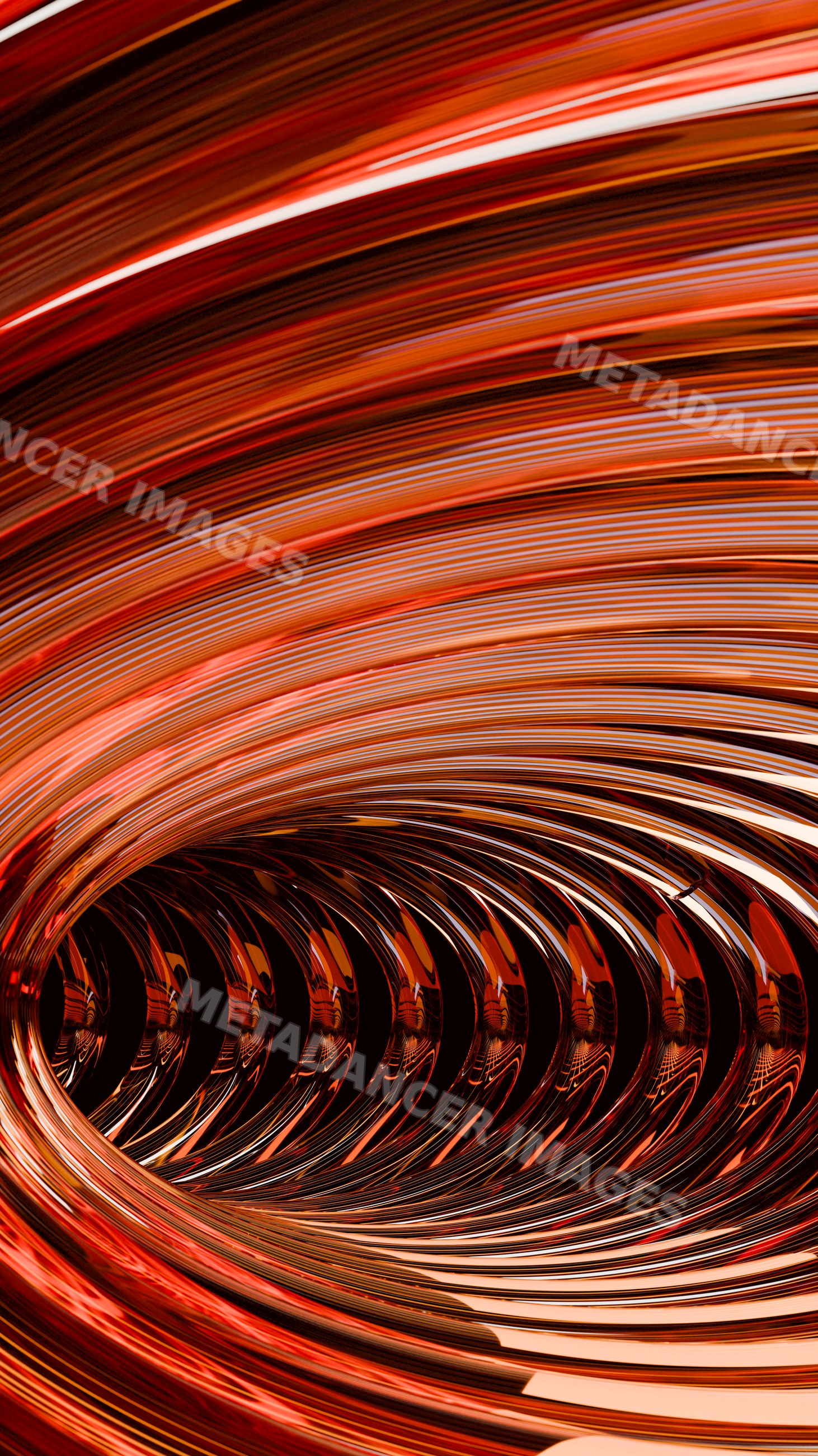 Abstract shiny curved metallic loops with orange red light streaks