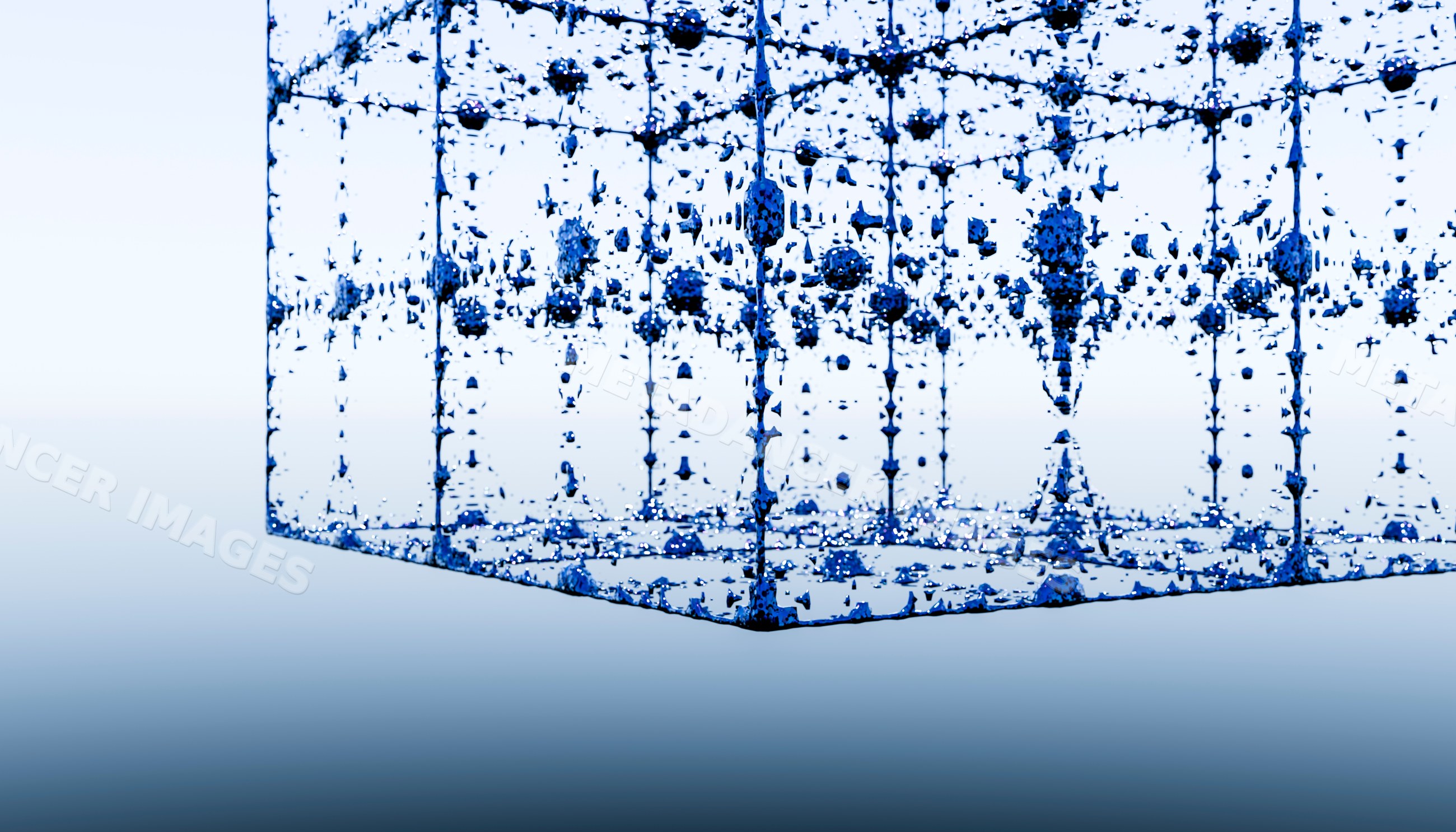 Abstract blue water cube composed of suspended droplets
