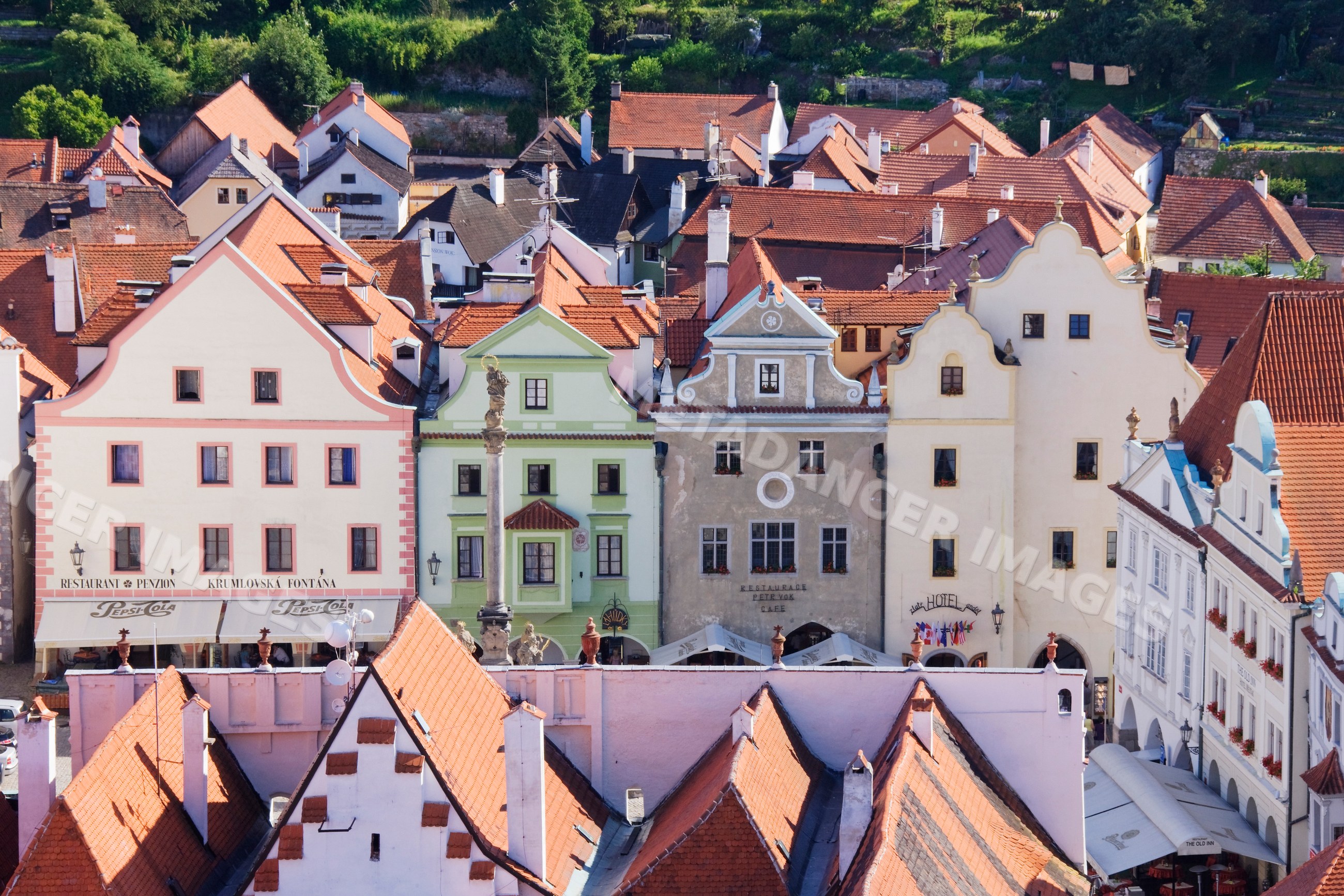 Town square with historic rooftops, bohemia