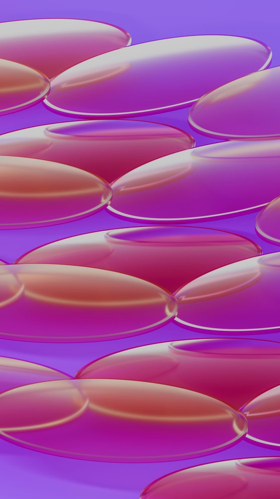 Glossy transparent capsules against a purple background illustration