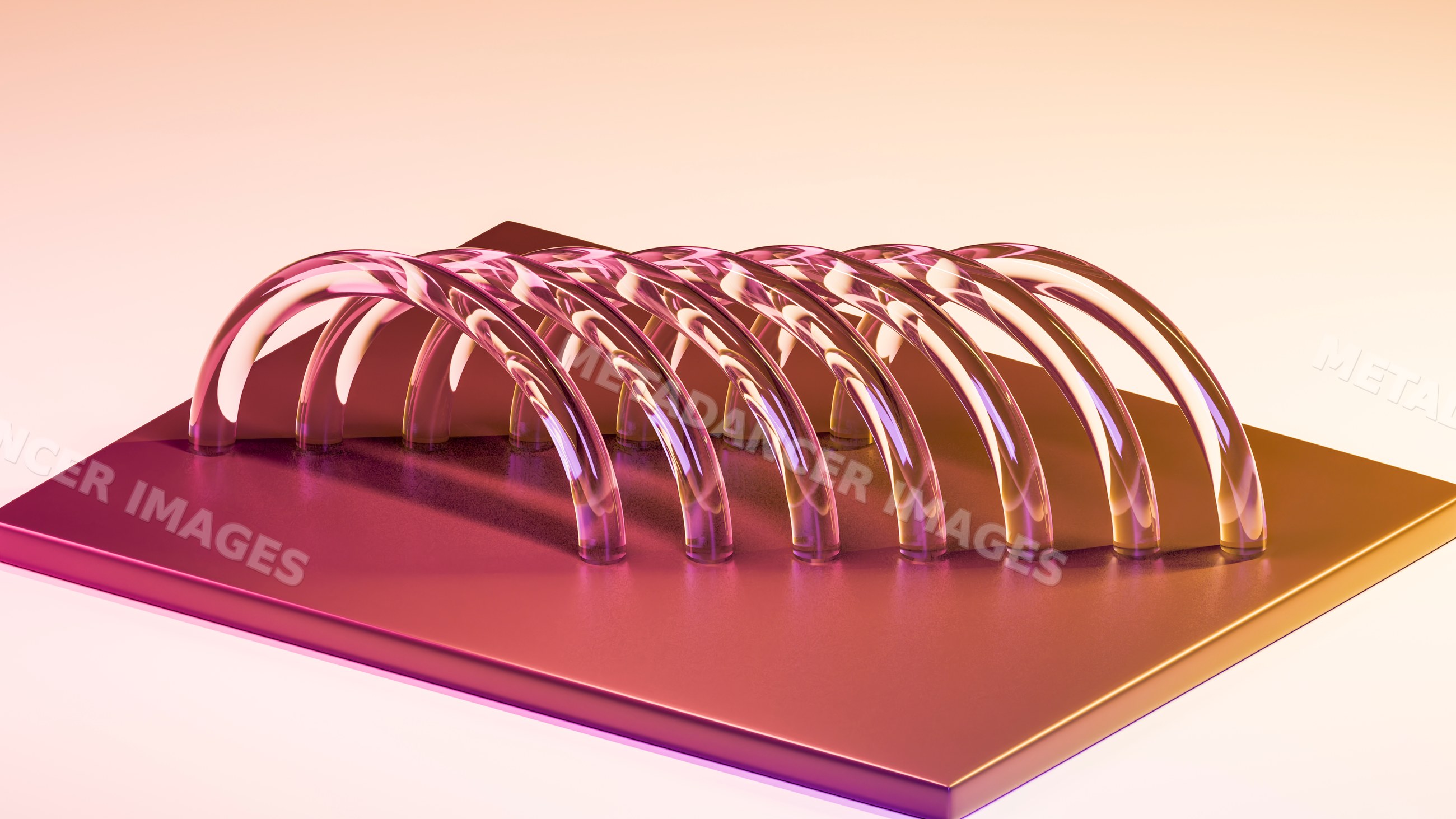 Rows of transparent curved tubes on reflective metallic base