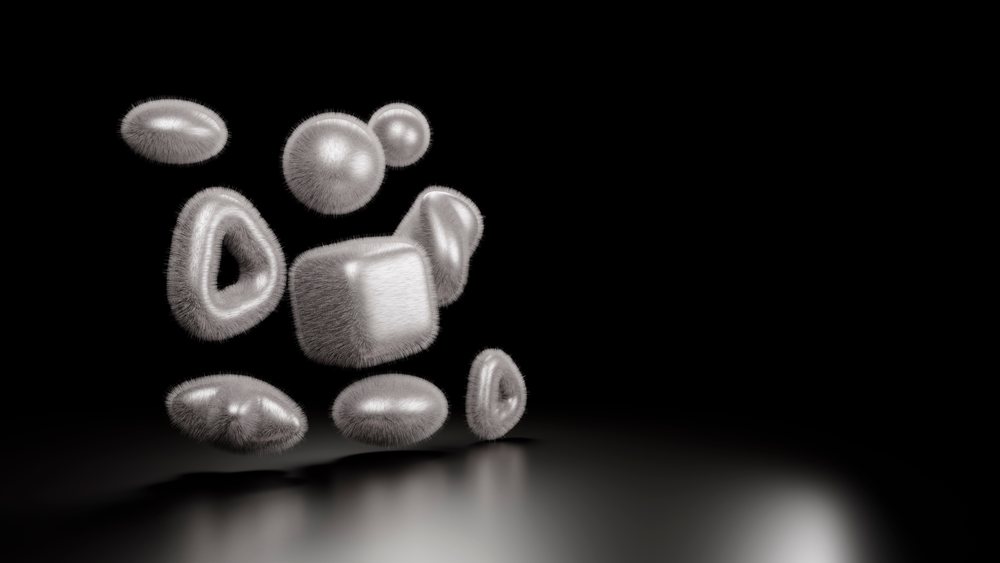 Abstract 3d geometric shapes with furry texture float above