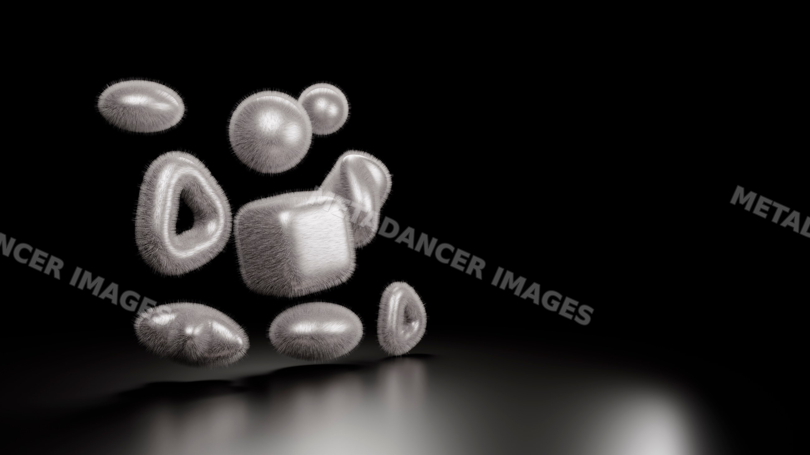 Abstract 3d geometric shapes with furry texture float above