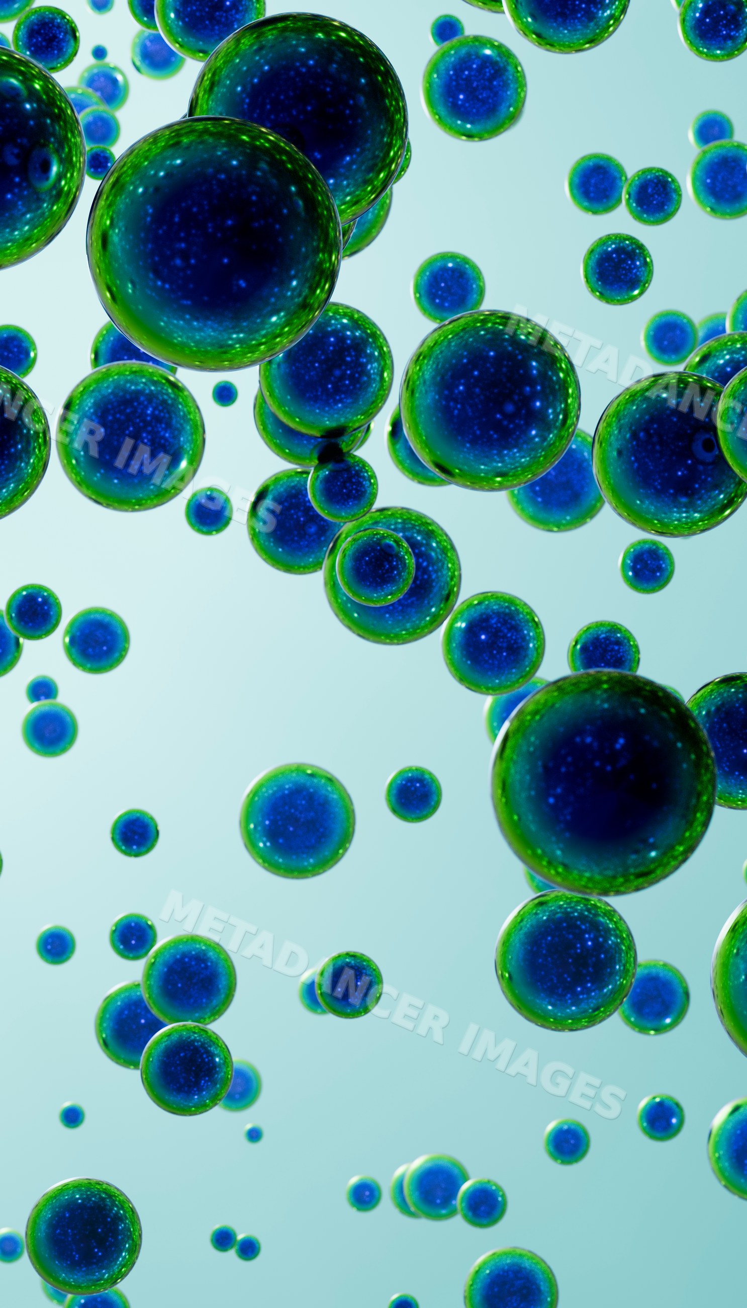 Blue and green glowing spheres floating in digital abstract background