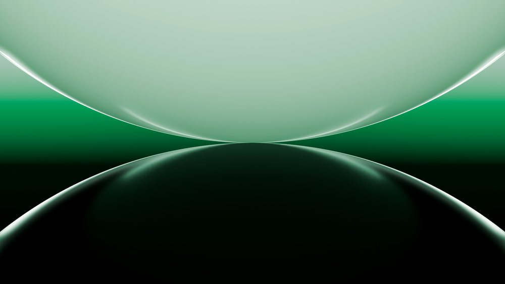 Abstract digital art with reflective green and black curved shapes