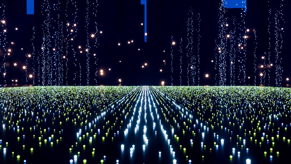 Digital abstract art of glowing blue and green dots