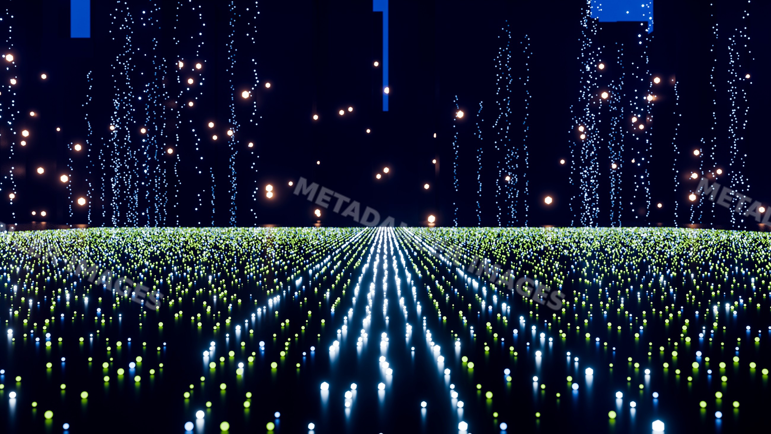 Digital abstract art of glowing blue and green dots
