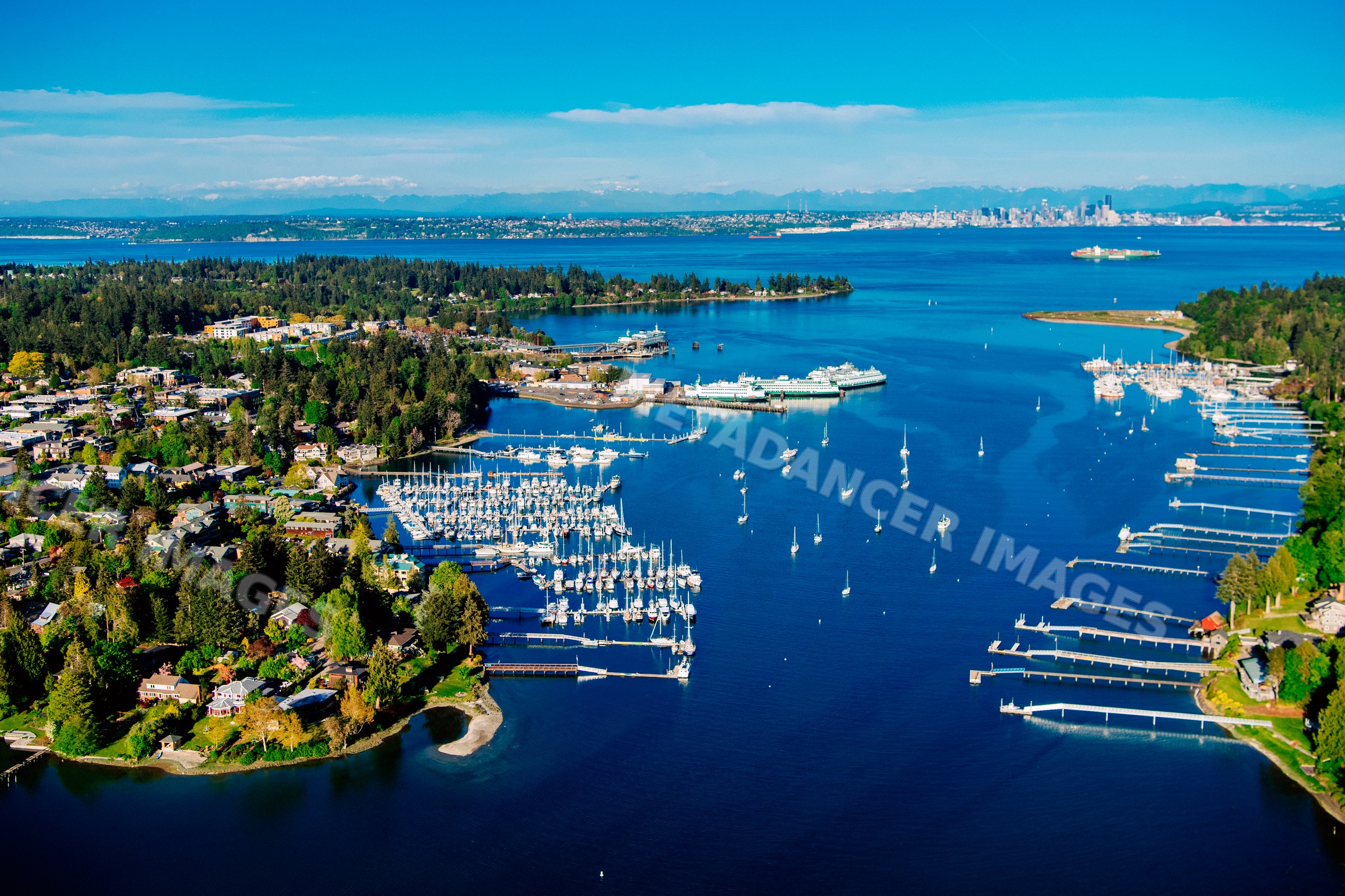 Aerial view of Eagle Harbor marina on Bainbridge Island with seattle
