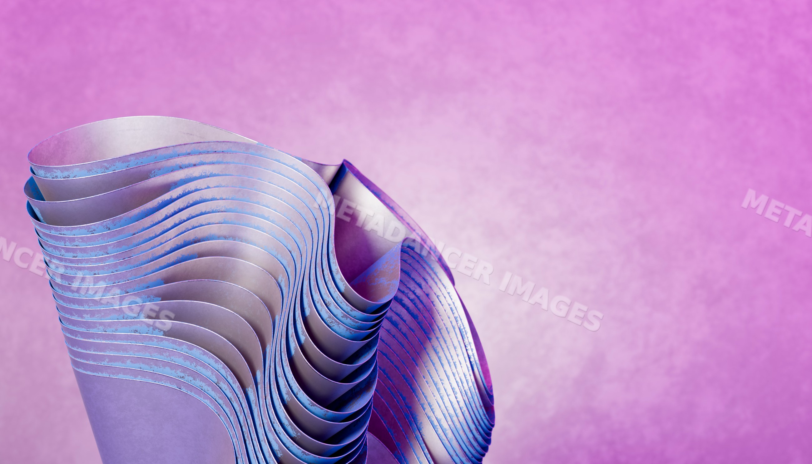 Abstract layered blue sculpture with curved design on purple
