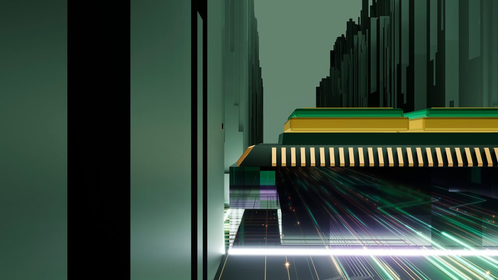 Abstract digital 3d rendering of futuristic green and gold