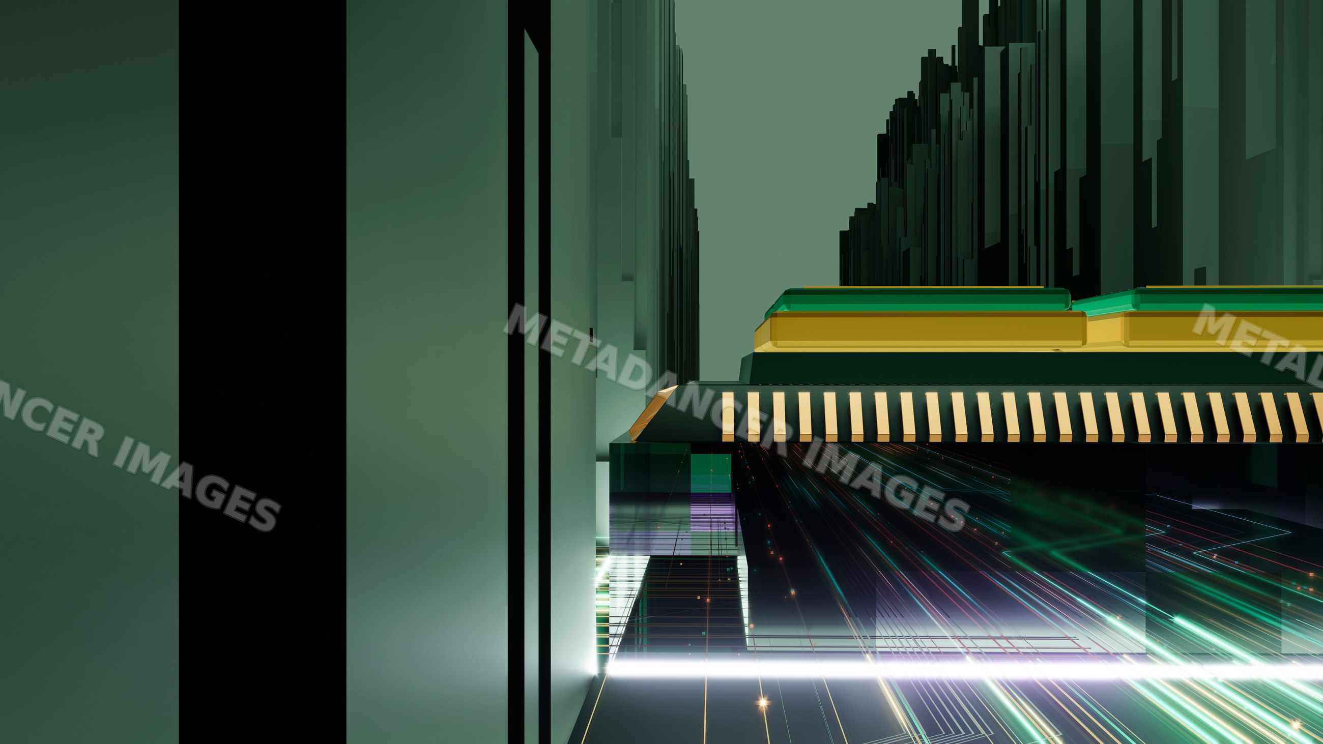 Abstract digital 3d rendering of futuristic green and gold