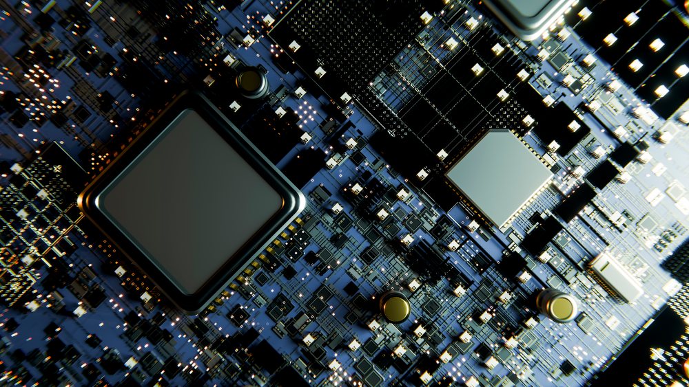 Close-up computer microchip and electronic components on circuit board