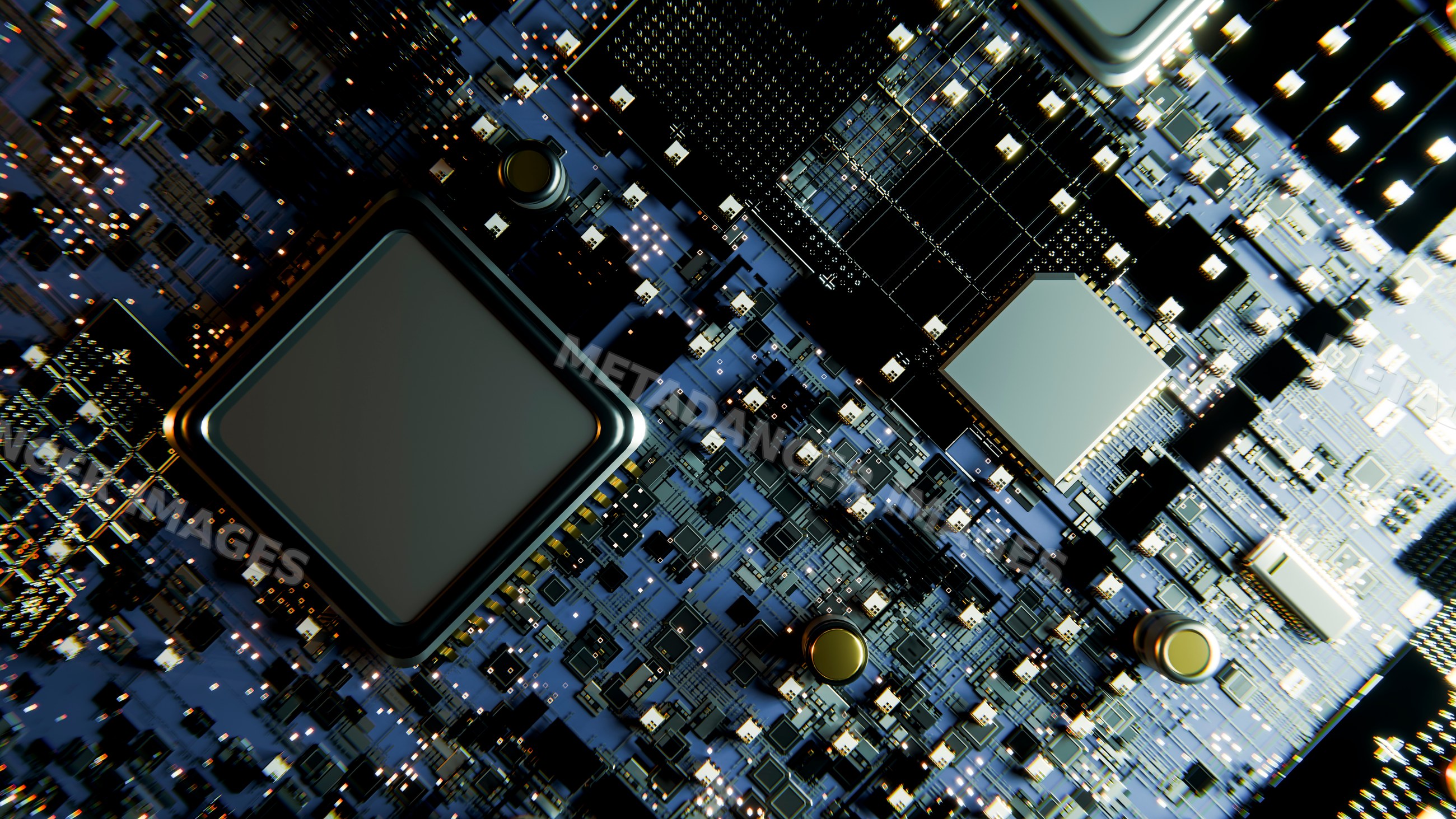 Close-up computer microchip and electronic components on circuit board
