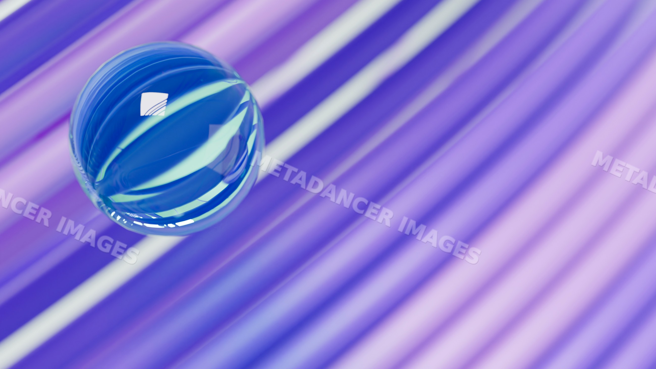 Blue glass marble on purple striped surface in digital illustration