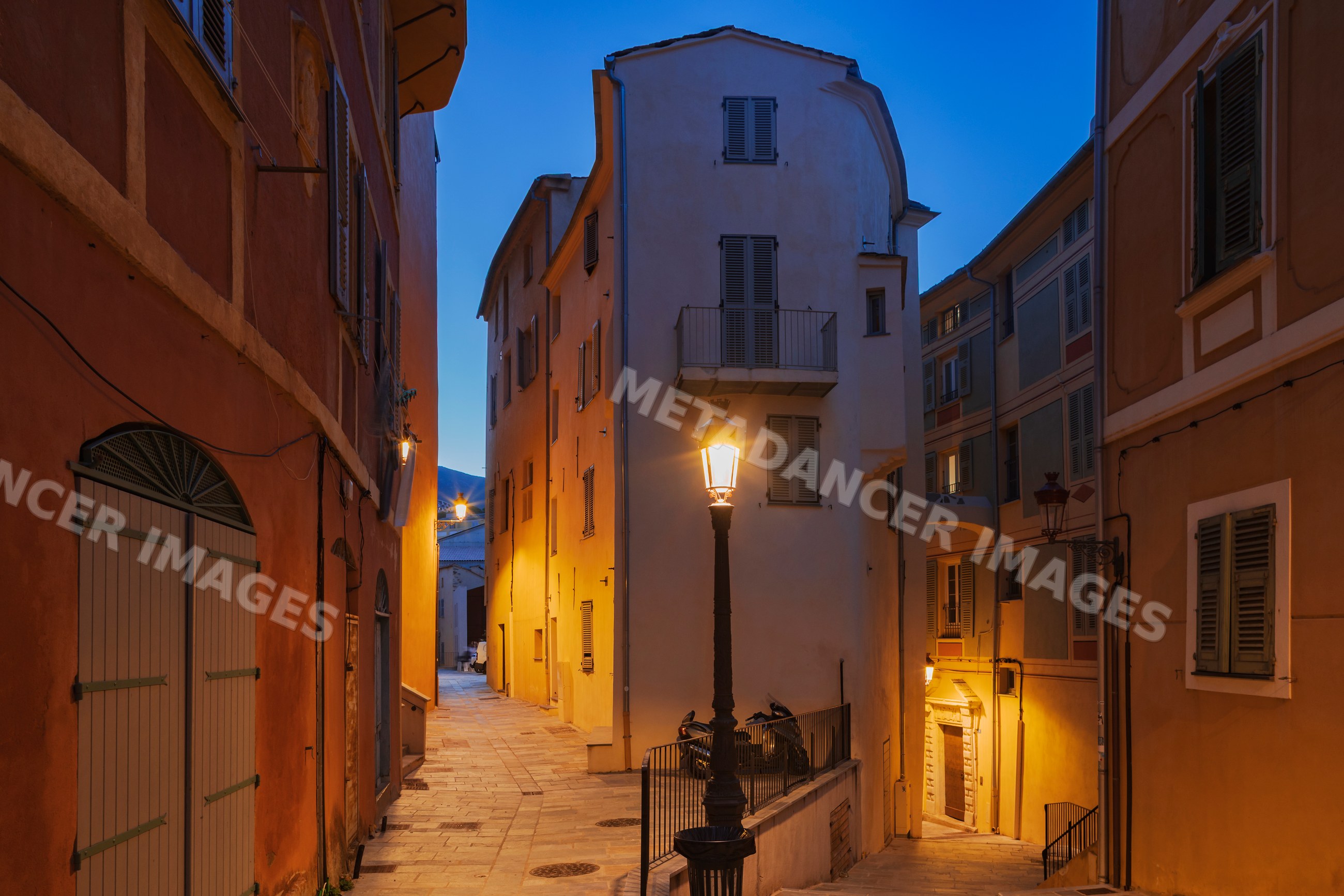 Narrow Street in the Old Citadel at Dusk in bastia, corsica, france