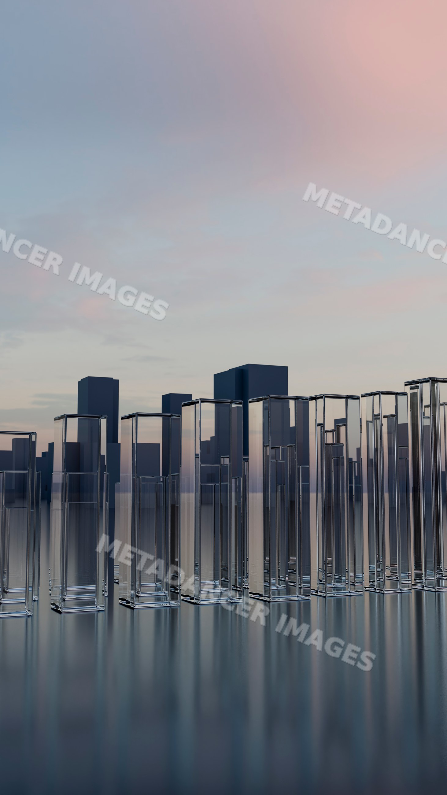 Glass skyscrapers reflecting evening sky in modern urban cityscape