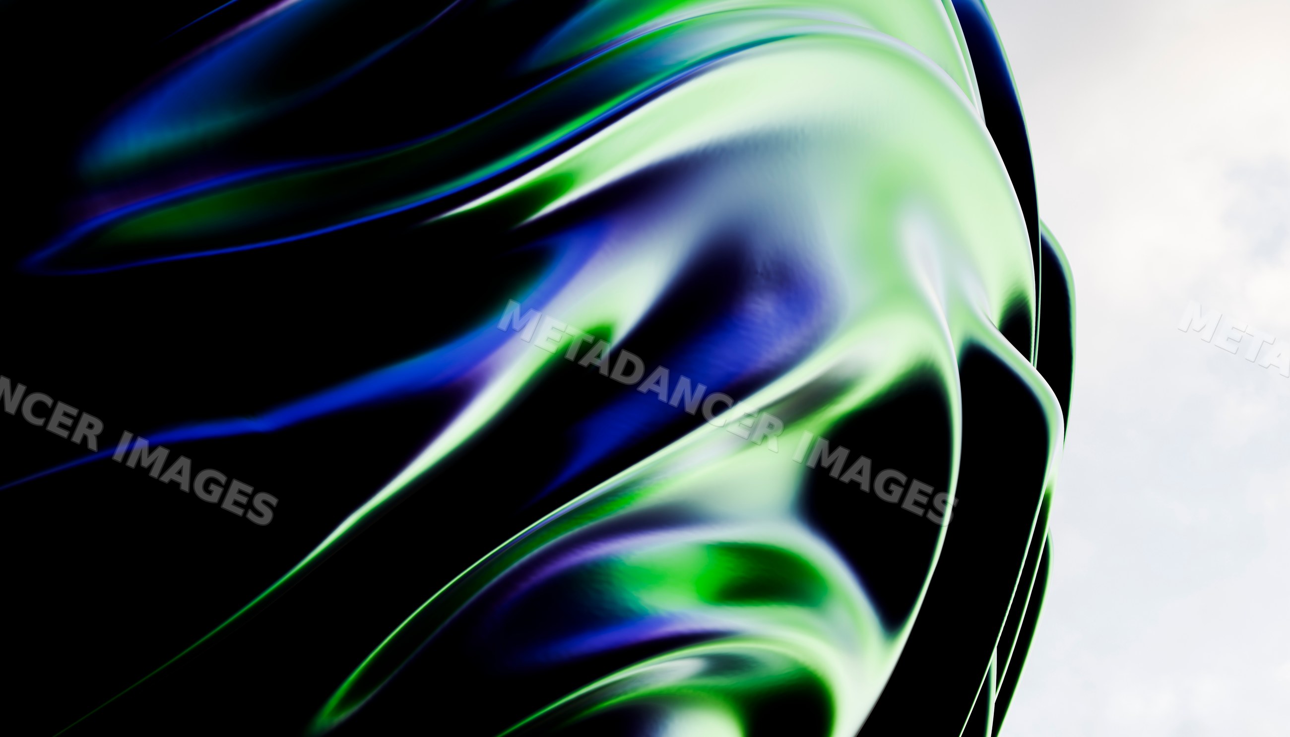 Close-up of an abstract metal sculpture with flowing green and blue
