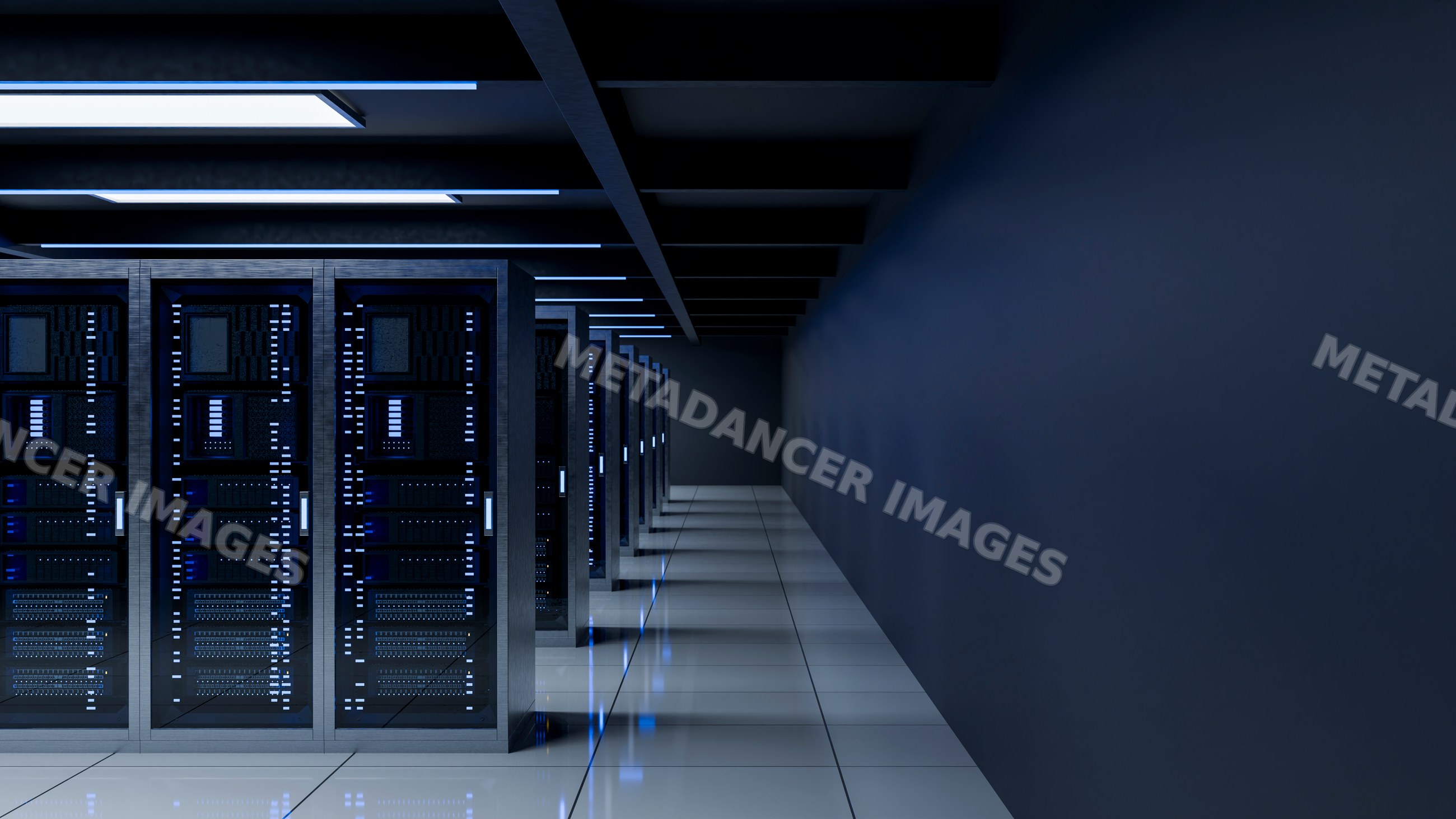 Data center corridor with server racks and digital technology
