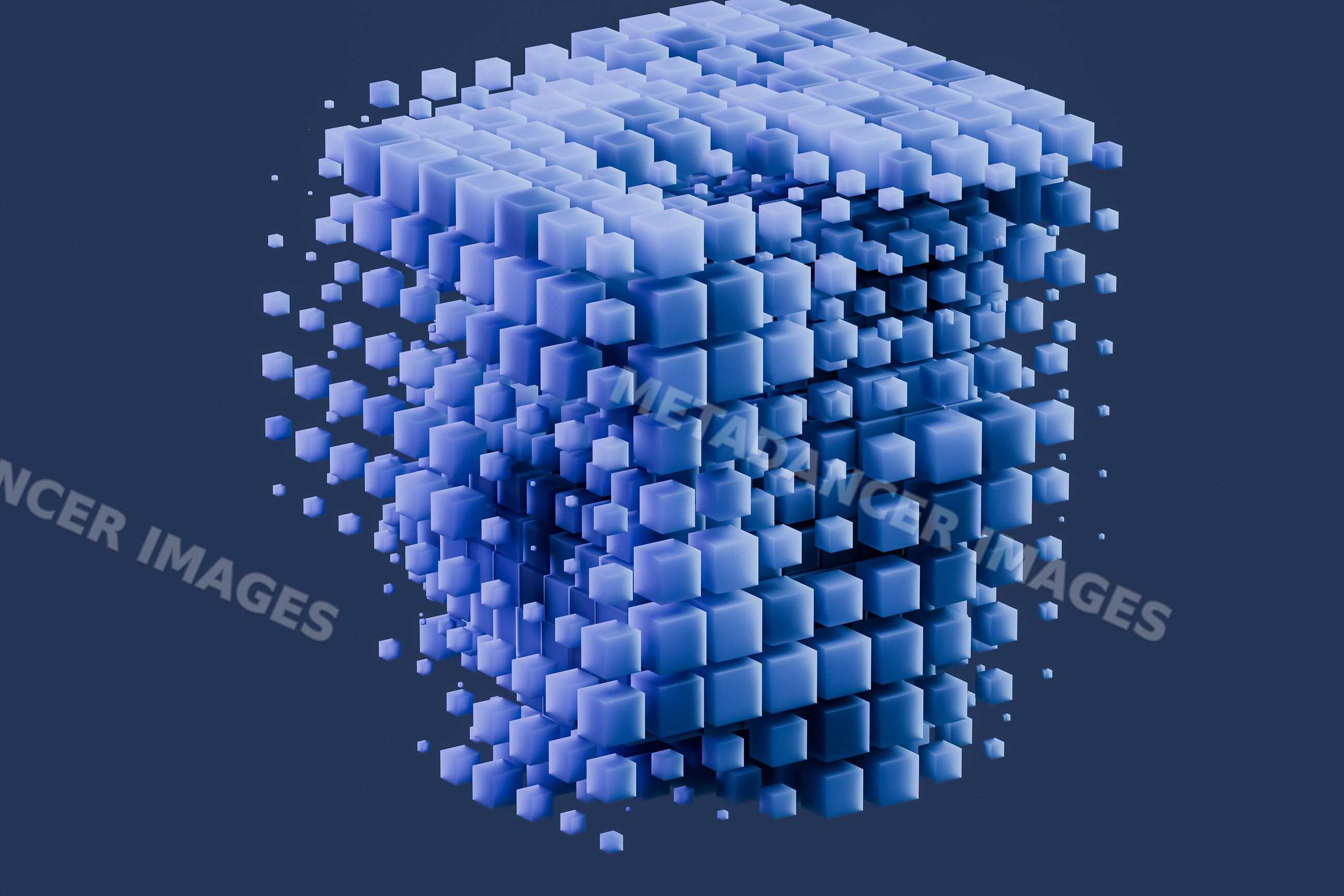 Digital 3d abstract render of fragmented blue cube with floating