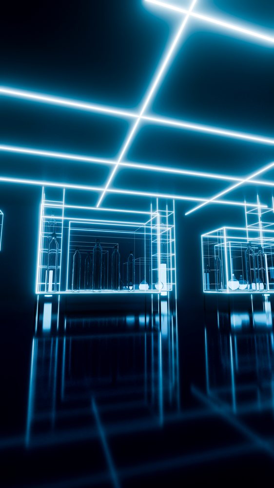 Glass bottles displayed in neon-lit modern display cases