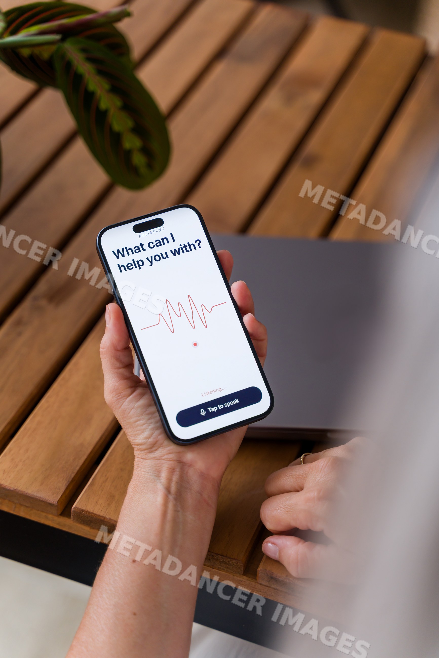 Smartphone showing voice assistant screen with voice command prompt