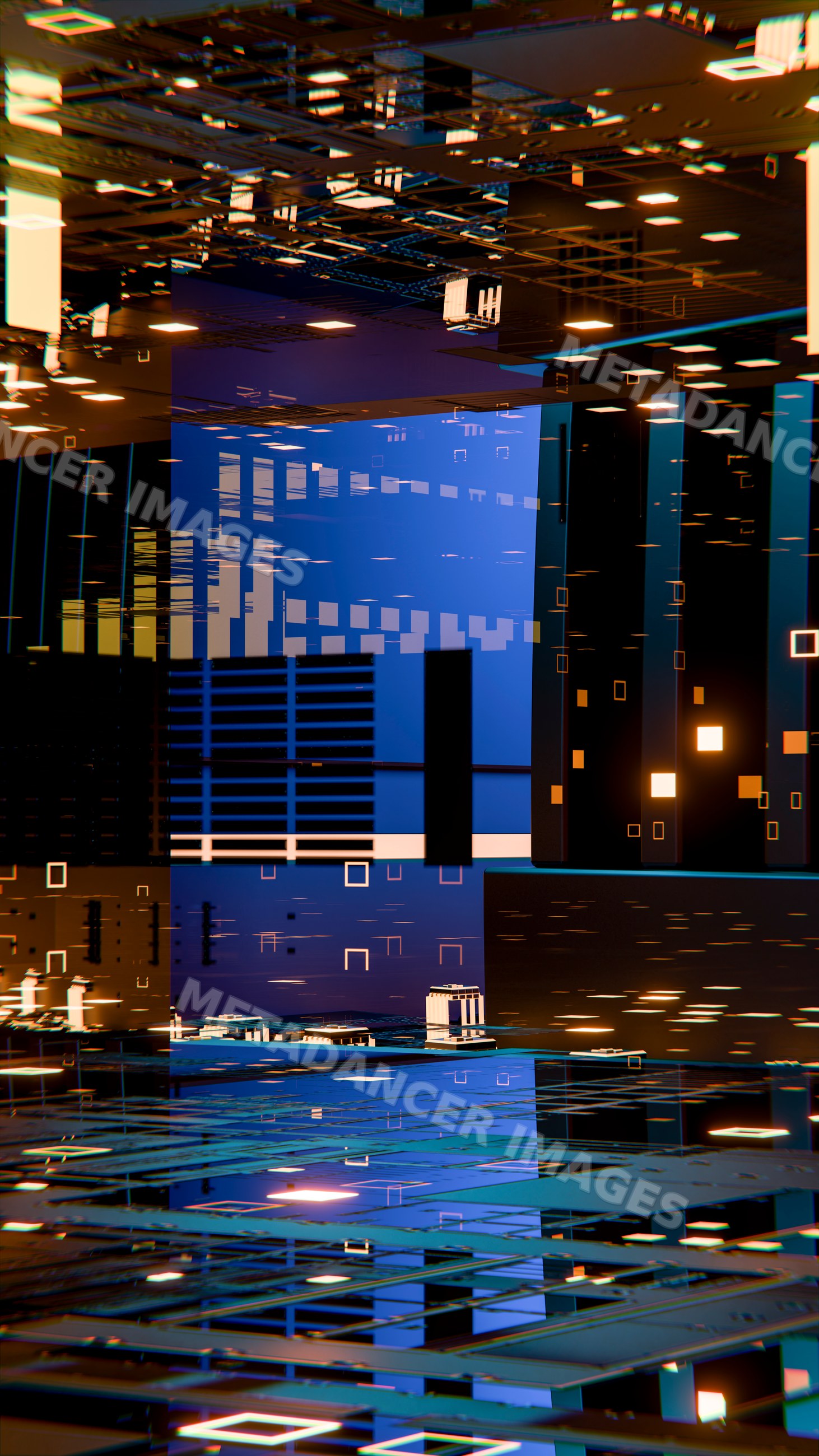 Digital futuristic cityscape with glowing neon architectural