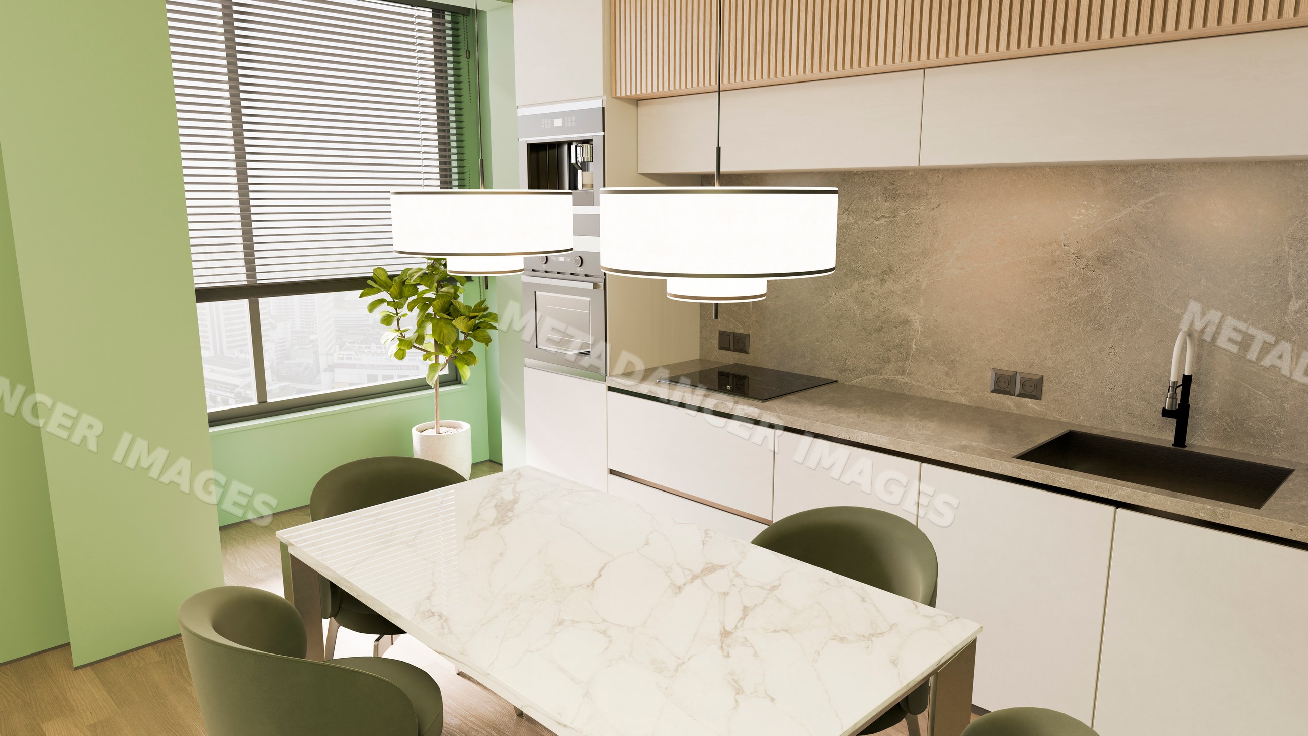 Modern kitchen with marble table and green chairs