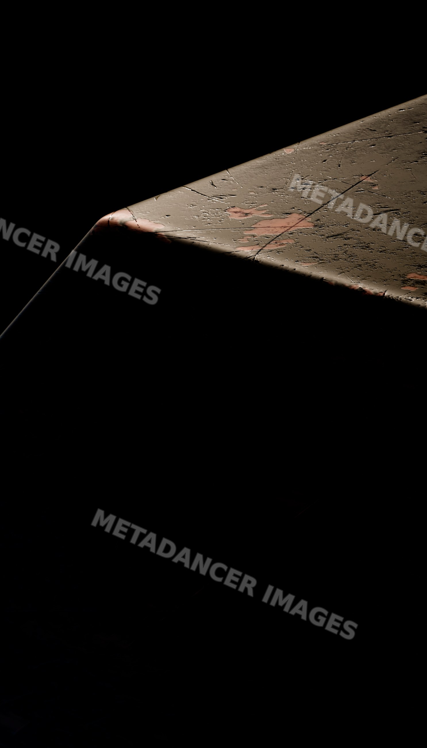 Close-up view of rusty metal corner with peeling paint and corrosion