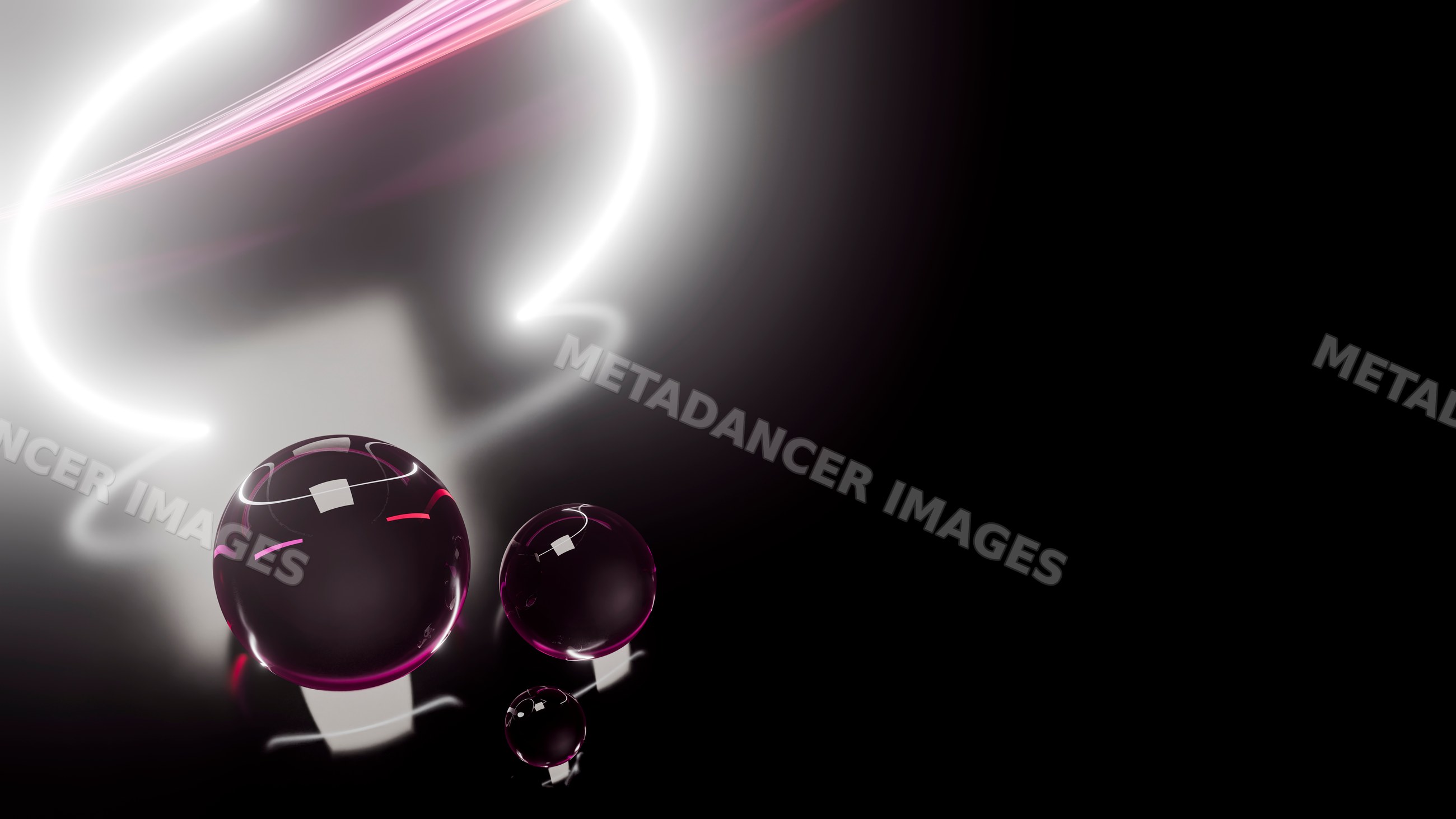 Reflective dark spherical orbs with glowing light trails