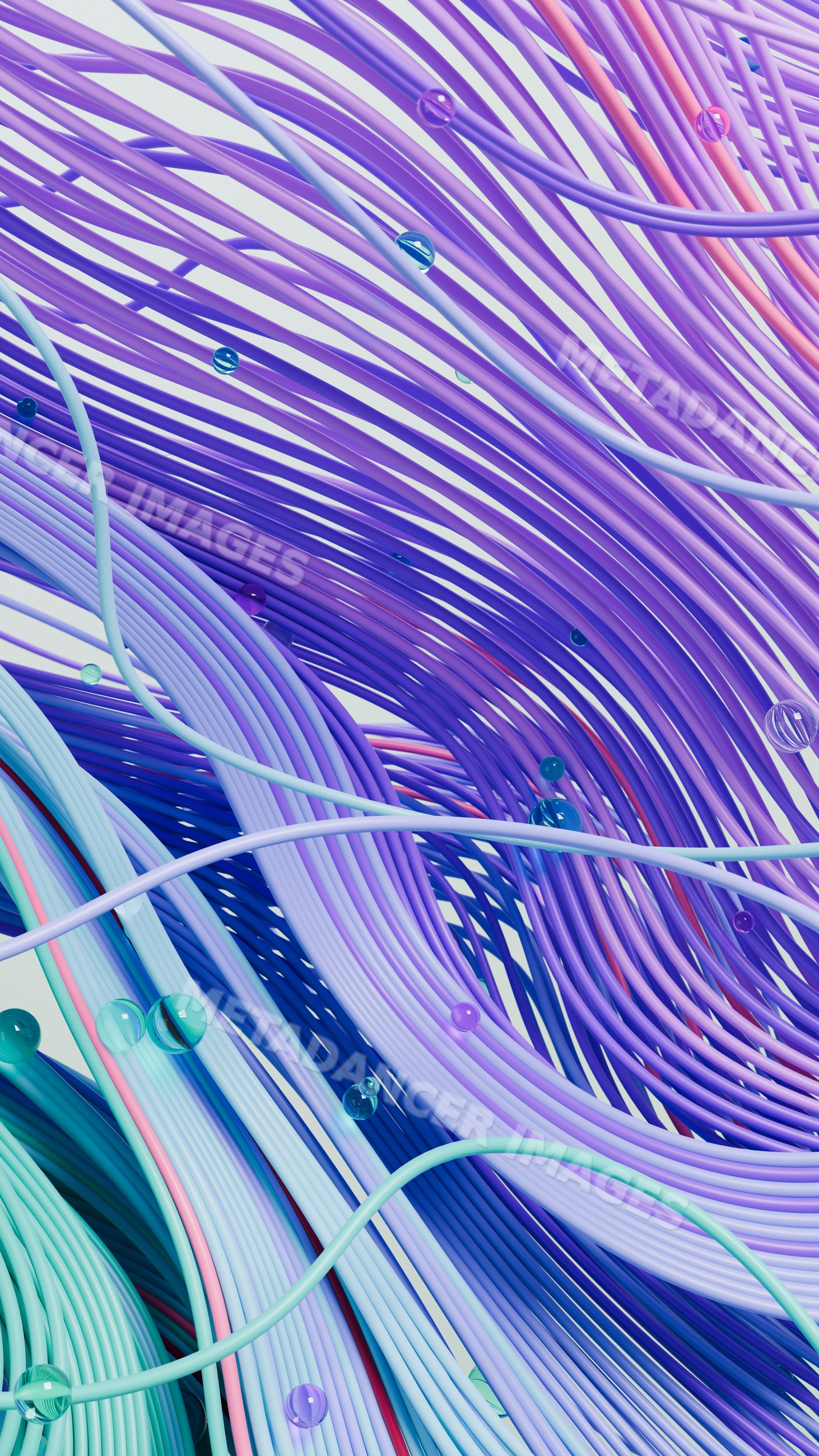 Flowing colorful purple and blue strands with spherical droplets
